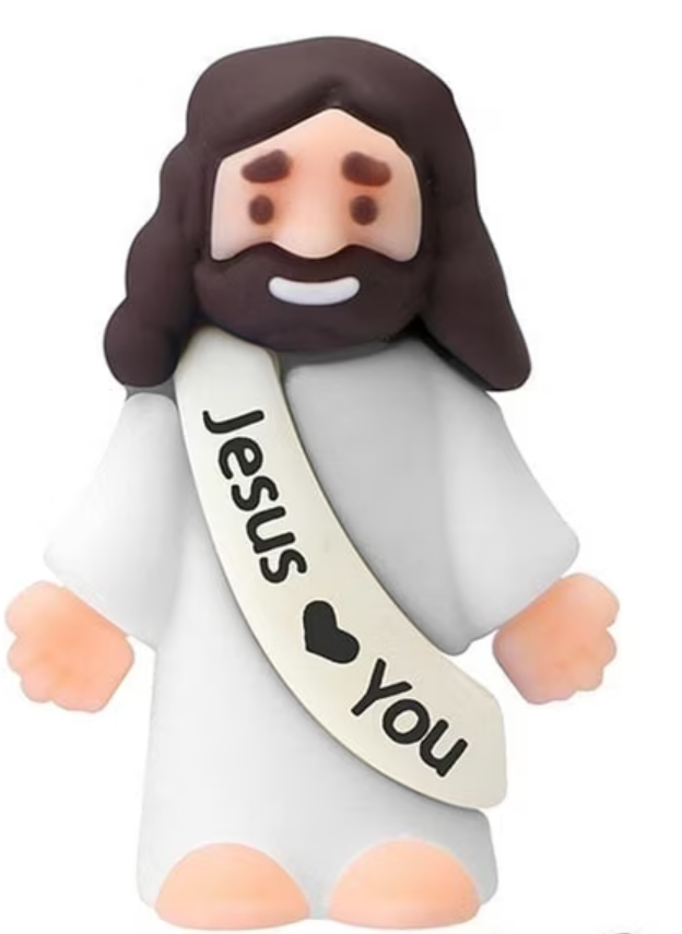 Een mini Jezusje met de tekst Jezus loves you