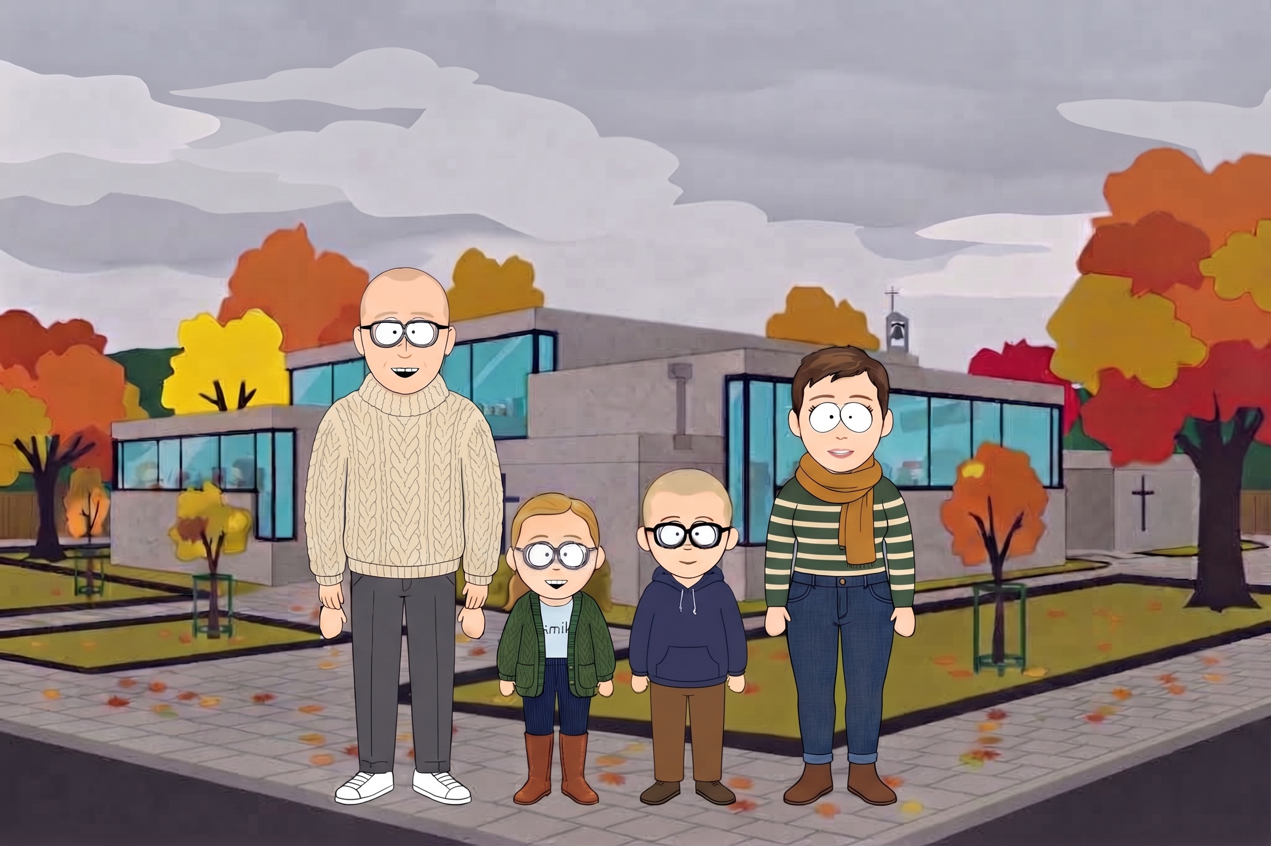 Groepsfoto van De Blockertjes in South Park stijl aan de Sint-Annakerk (herfst)